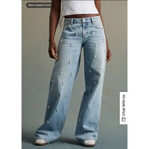 NWT RARE DNM EDIT Light Indigo Pearl & Rhinestone Low Rise Baggy Jeans - size 26